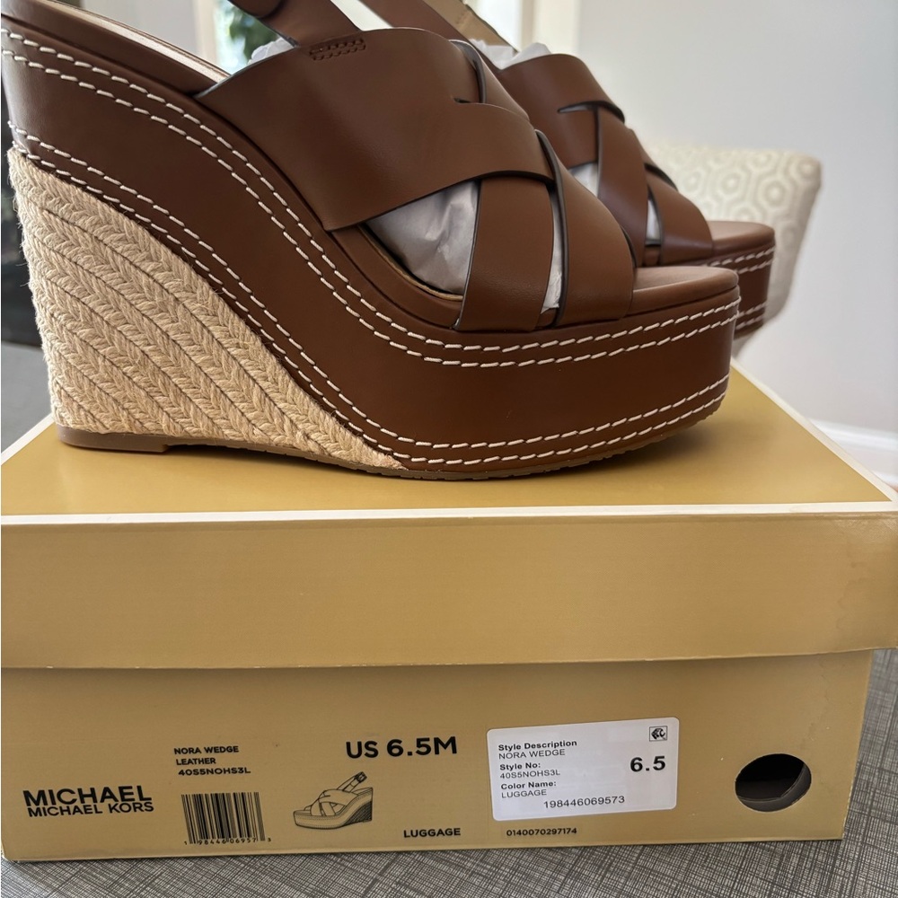Michael Kors Luggage Brown Woven Espadrille Wedge Sandals size 6.5 - Picture 1 of 1